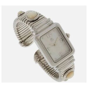 NIB~HSN COLLEEN LOPEZ Stainless Steel Mother of Pearl Gemstone Dial Cuff Watch
